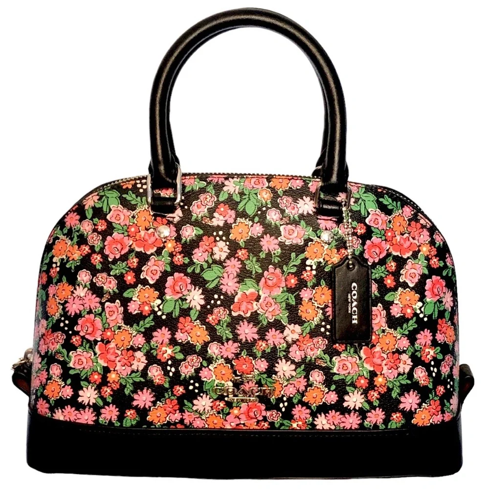COACH Sierra Posey Cluster Floral Coated Canvas Satchel Bag Black/Pink  Wallet - Picture 4 of 12